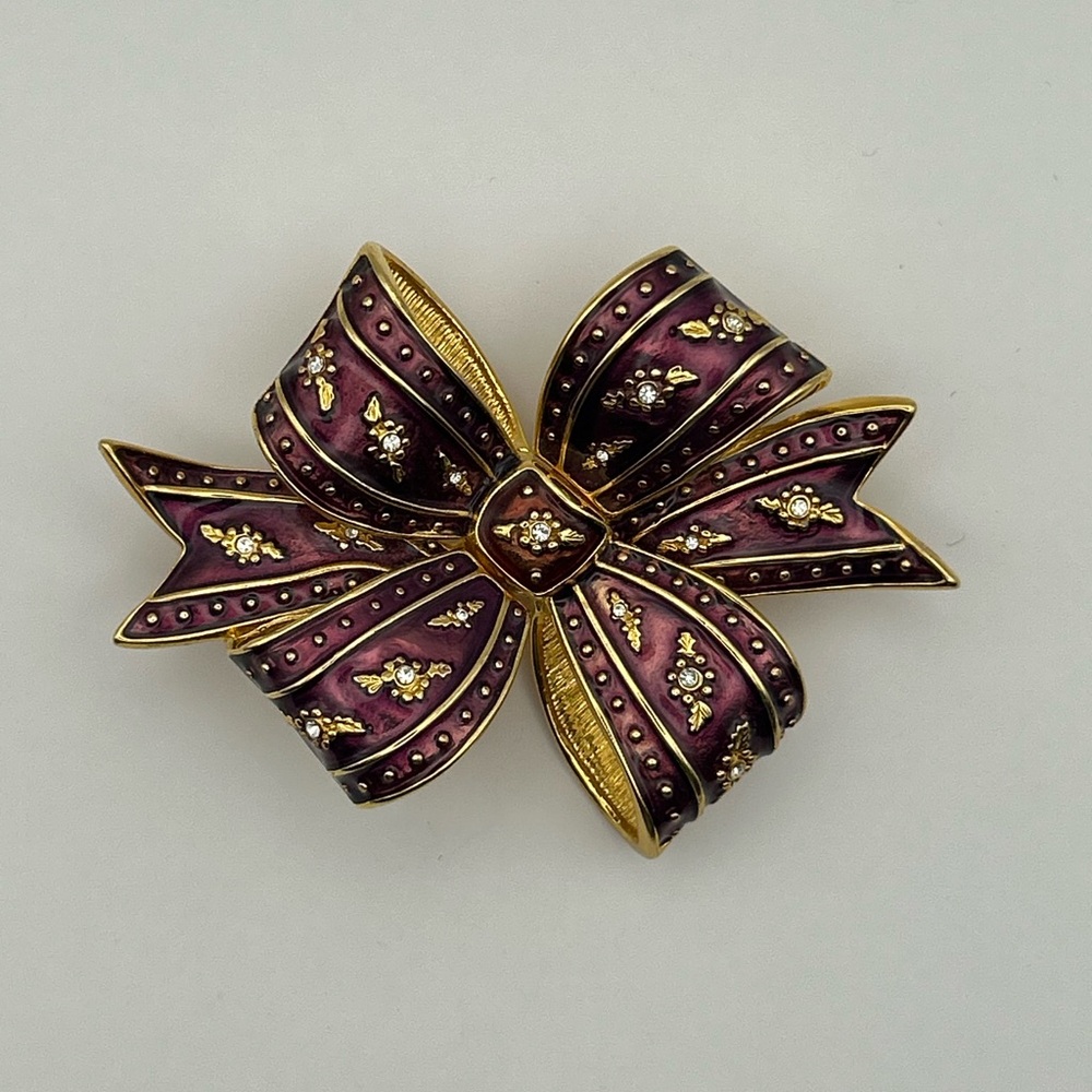 Vintage Joan Rivers Goldtone Burgundy Enamel Bow Brooch